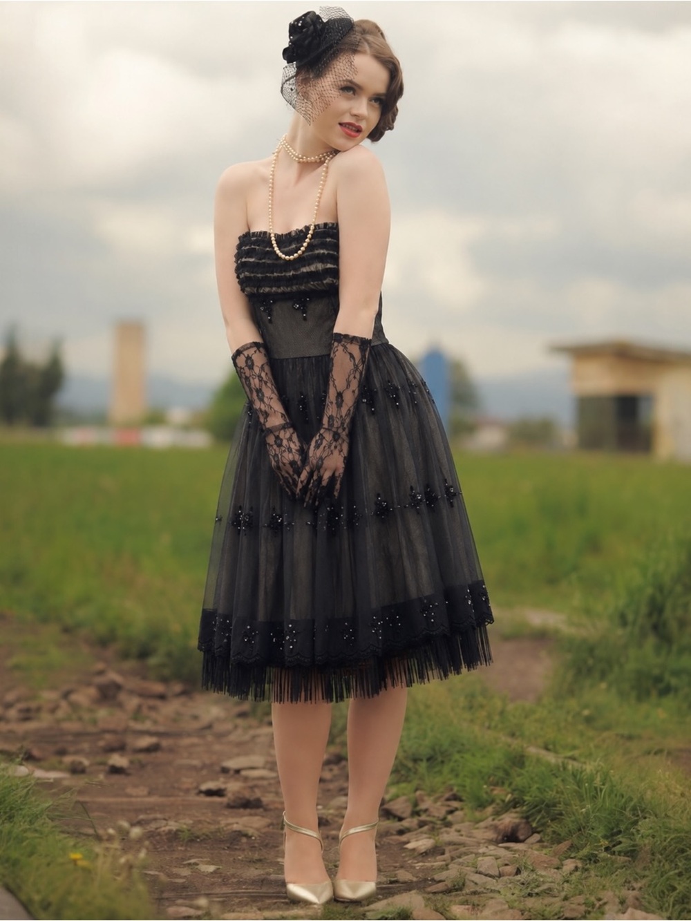 Classic Black Strapless Tulle Cocktail Dress by